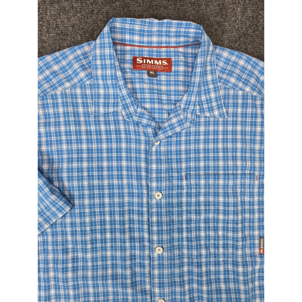 Simms Fishing Shirt Mens XL Blue Plaid Button Up Short Sleeve